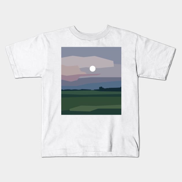 Full moon above green meadow, minimalism in nature. Kids T-Shirt by BumbleBambooPrints